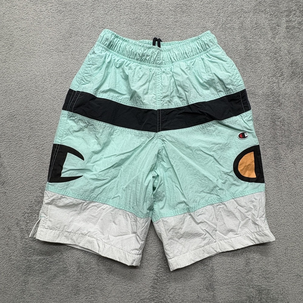 Champion Shorts Mens Small Green‎ Black White Nylon Swim Trunks Drawstring Lined
